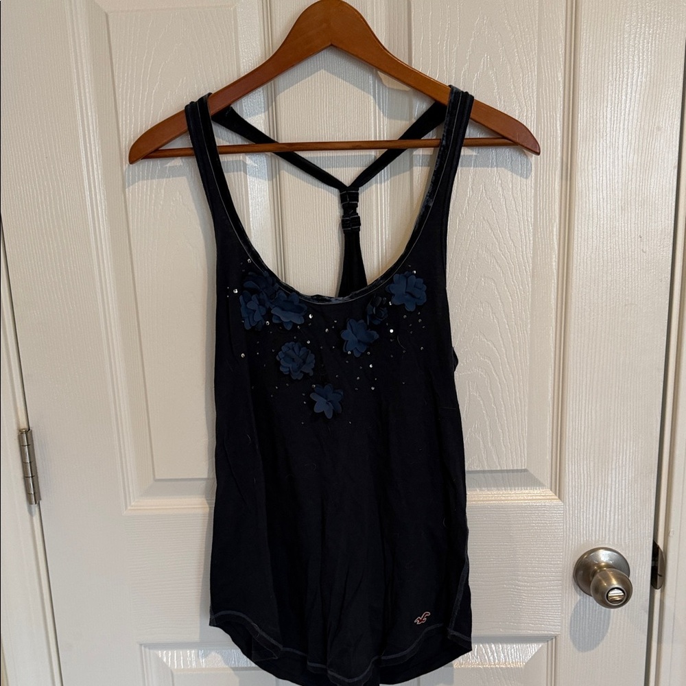 Hollister Dark Blue Tank Top with Floral Details